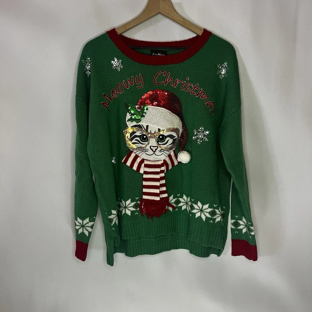 Love Always Sweater Women Size 1X Merry Christmas Ugly Sweater Cat Scarf Glasses